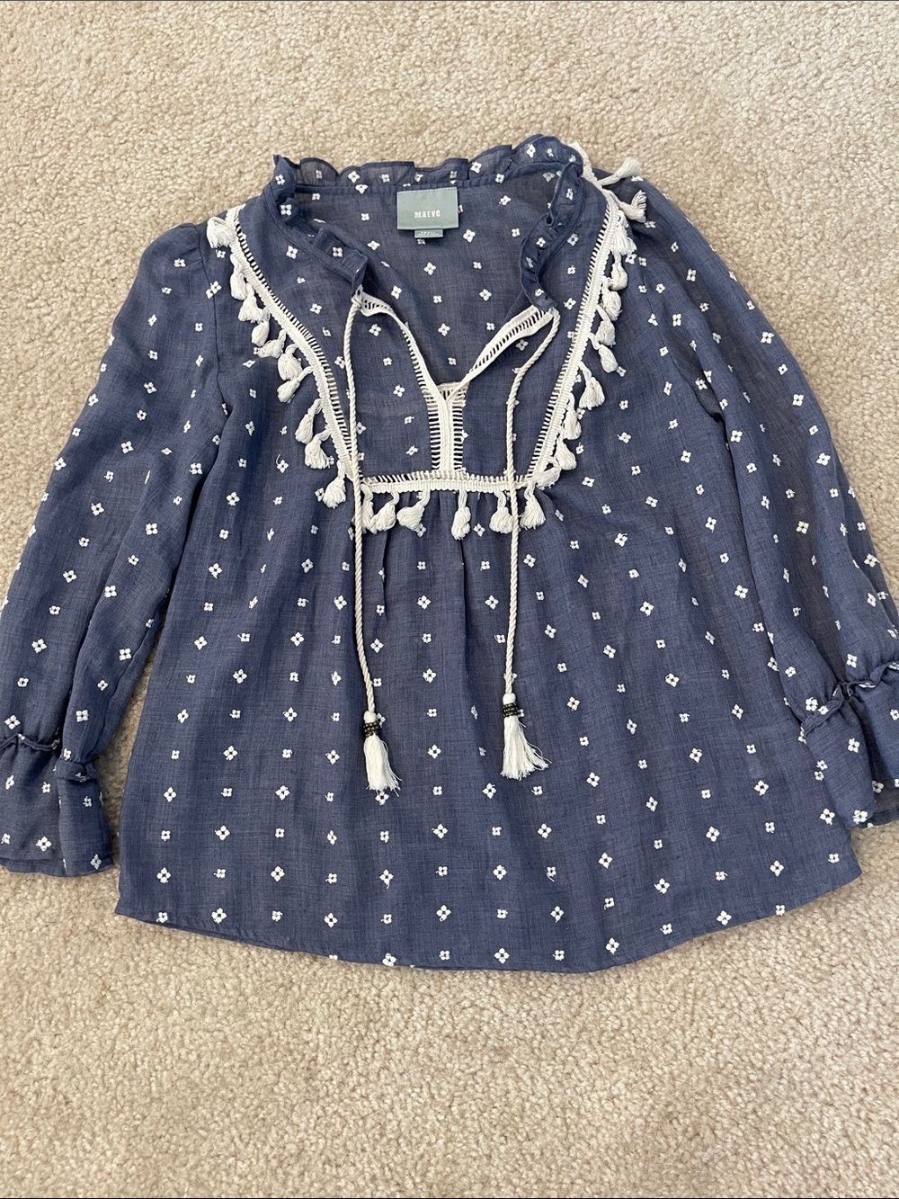 Maeve Blue Embroidered Boho Blouse with Tassels Size small